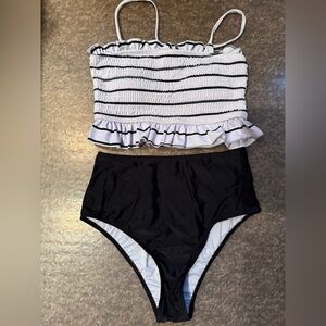 Striped Ruffle High Waisted Bikini Set